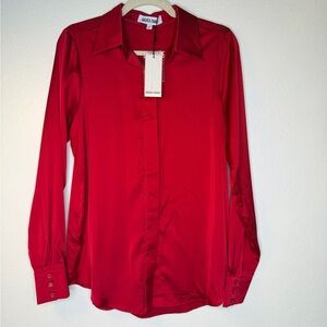 NWT Andrea Lyamah Red Vana Satin Button Down Blouse Size Small